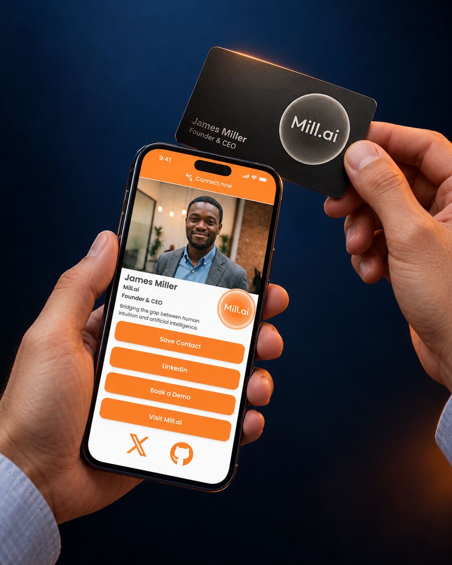 A black metal NFC business card tapped on a phone, opening the team member's digital business card profile