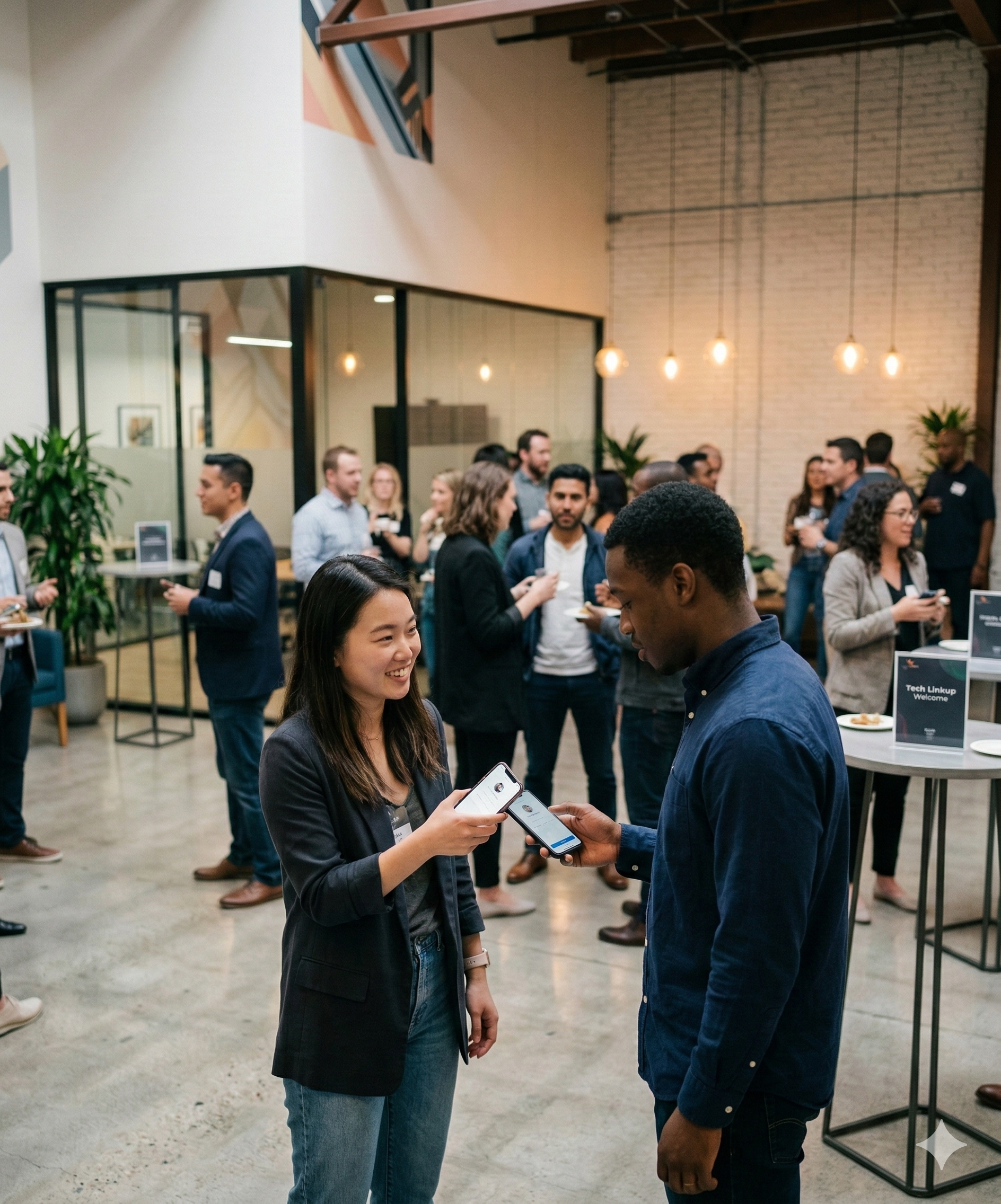 Professionals exchanging digital business cards at a networking event