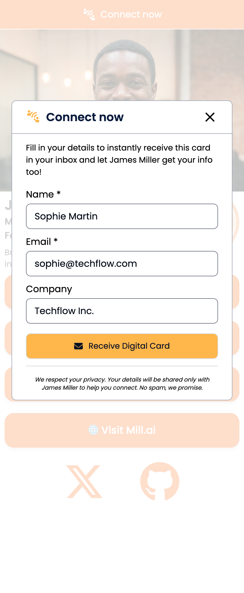 Tag My Link digital business card with receive button