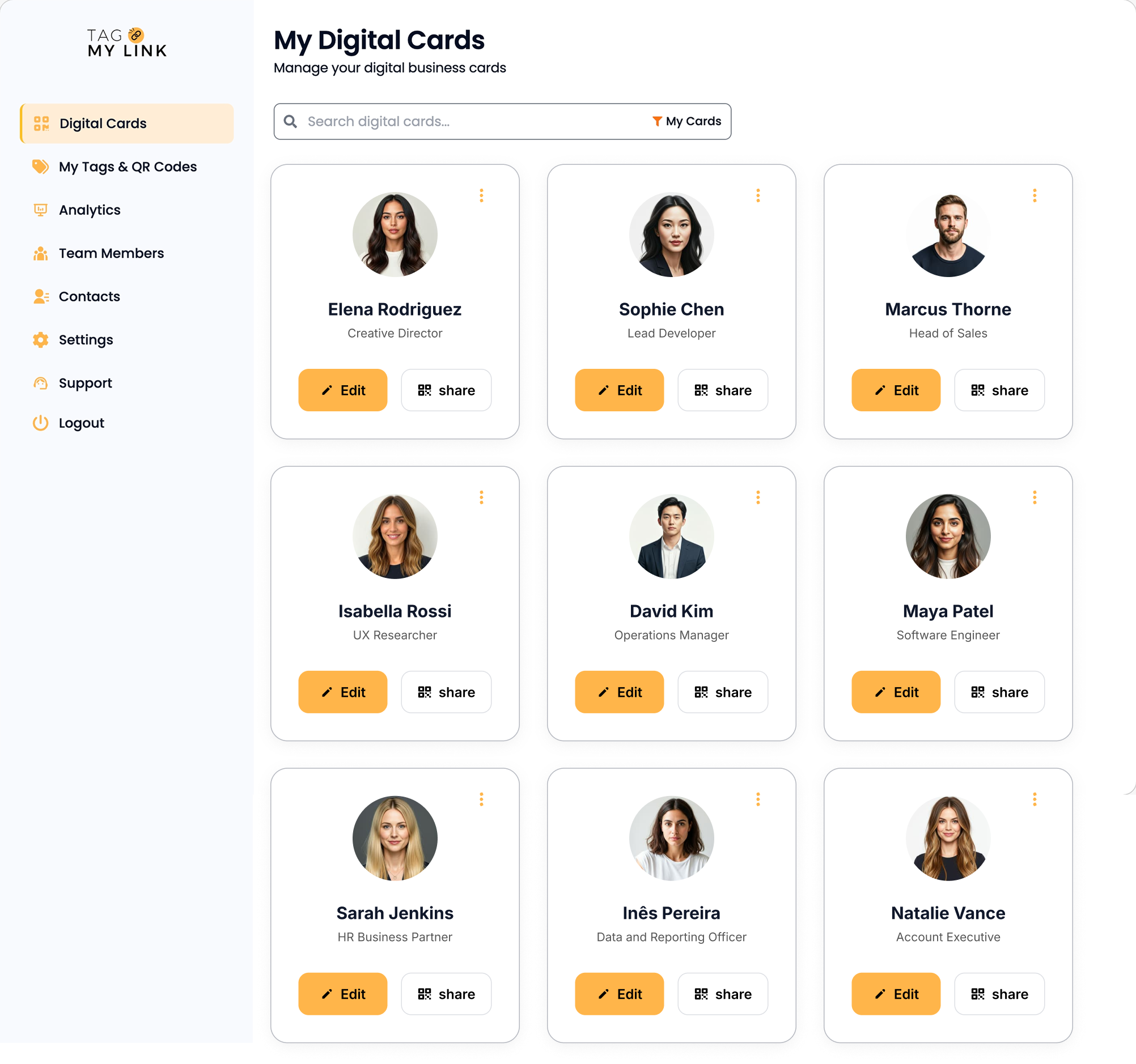 Tag My Link profile creation interface showing team member card setup