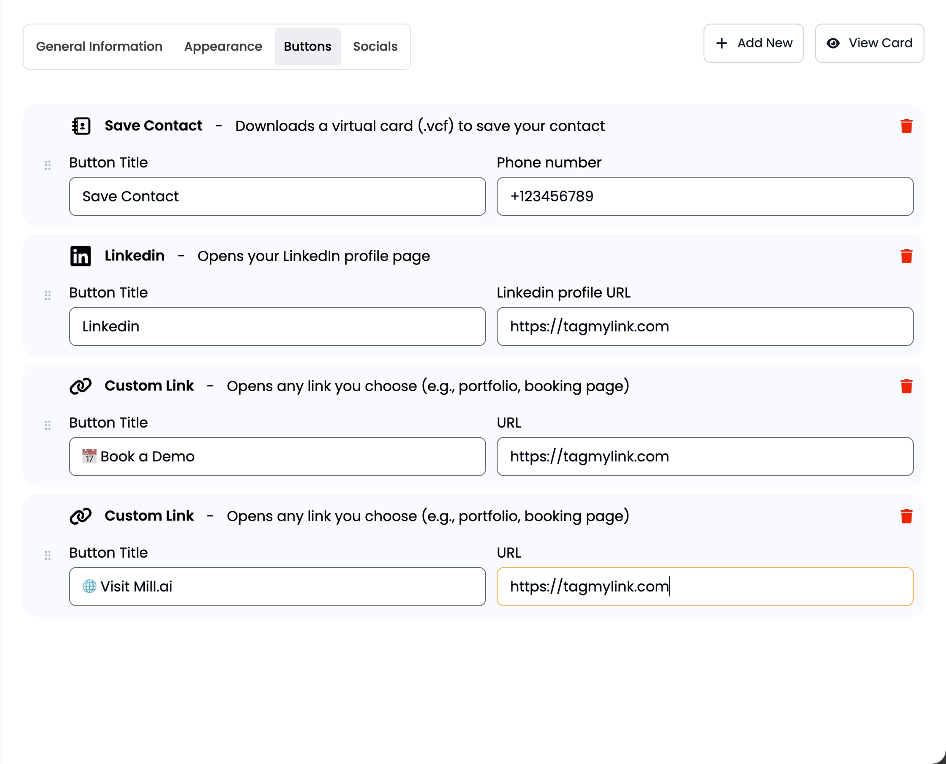 Tag My Link profile editor - add buttons like Save Contact and LinkedIn