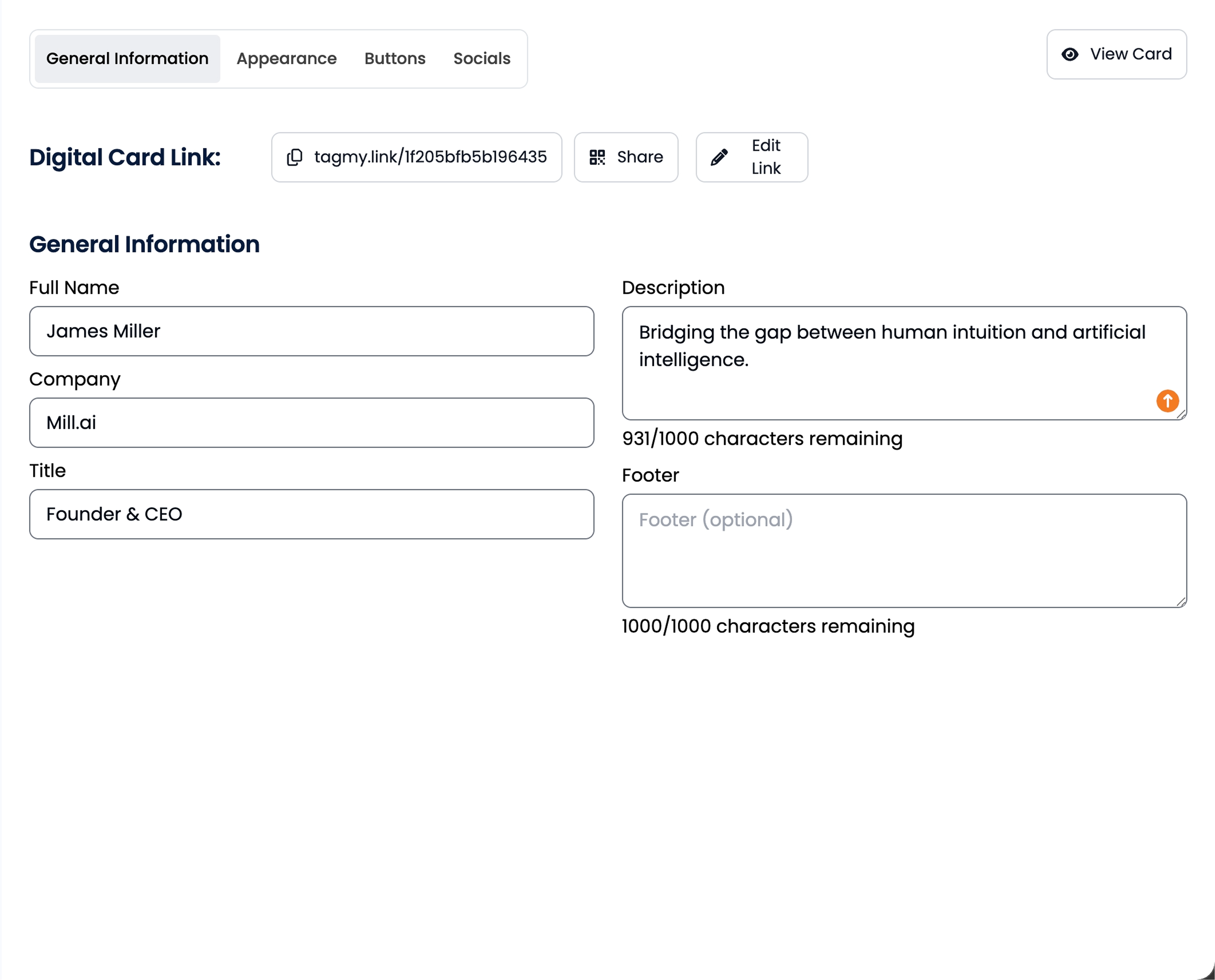 Tag My Link profile editor - profile info filled with title and bio