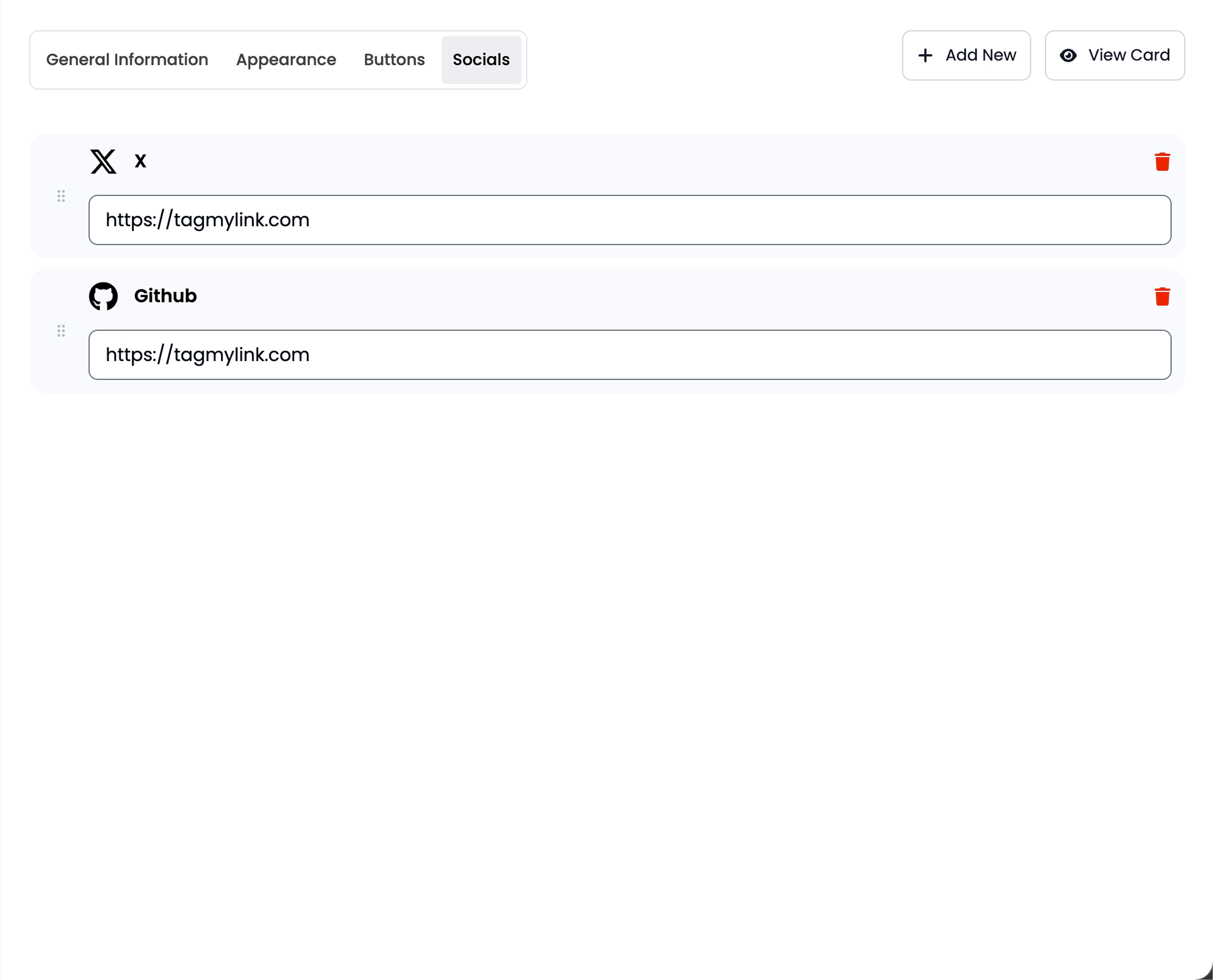 Tag My Link profile editor - add social media links